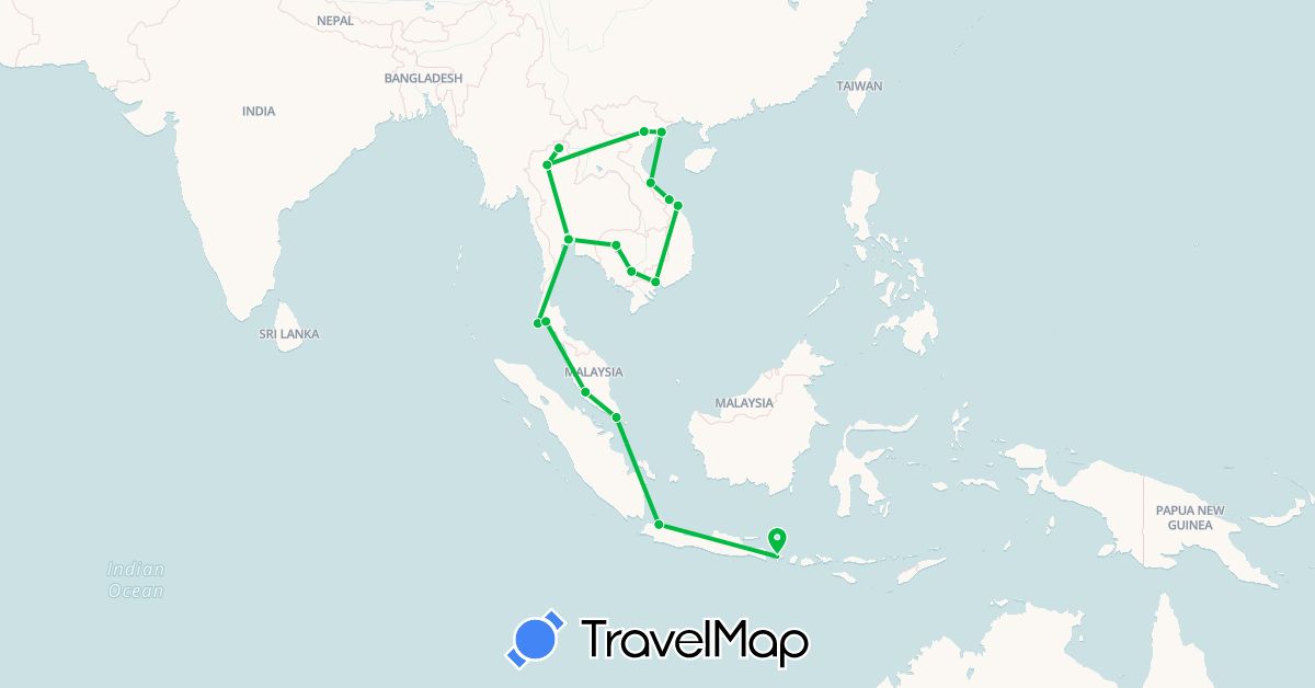 TravelMap itinerary: driving, bus in Indonesia, Cambodia, Malaysia, Singapore, Thailand, Vietnam (Asia)
